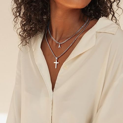 Miniatura 4 de Cross Necklace for Men, Stainless Steel Silver Layered Initial Letter Cross Pendant Necklaces Chain for Men Boys, Initial Cross Necklace Cuban Link
