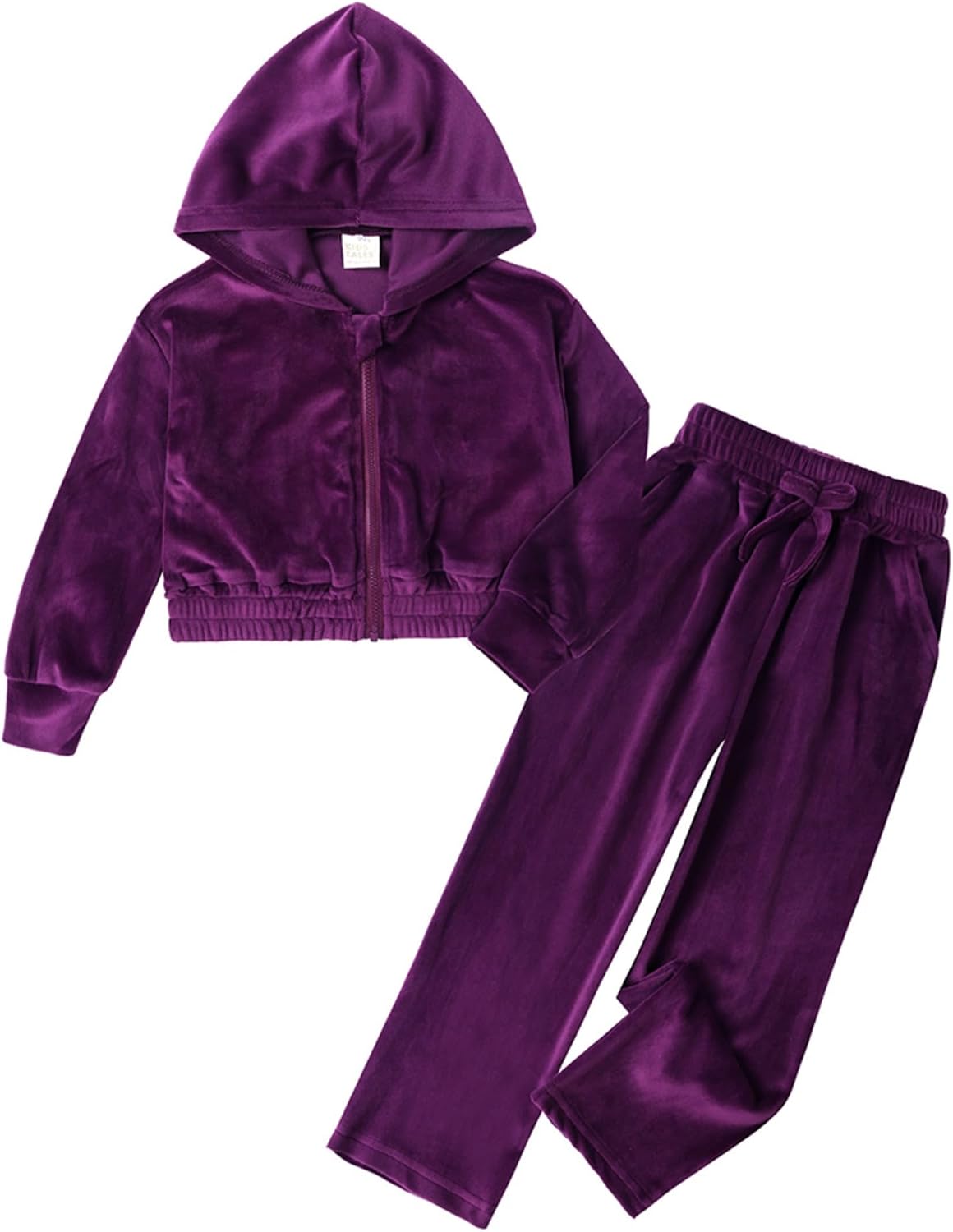 Girls' 2 Pcs Velvet Tracksuits Solid Color Zip Up Hooded Jacket and Wide Leg Sweatpant