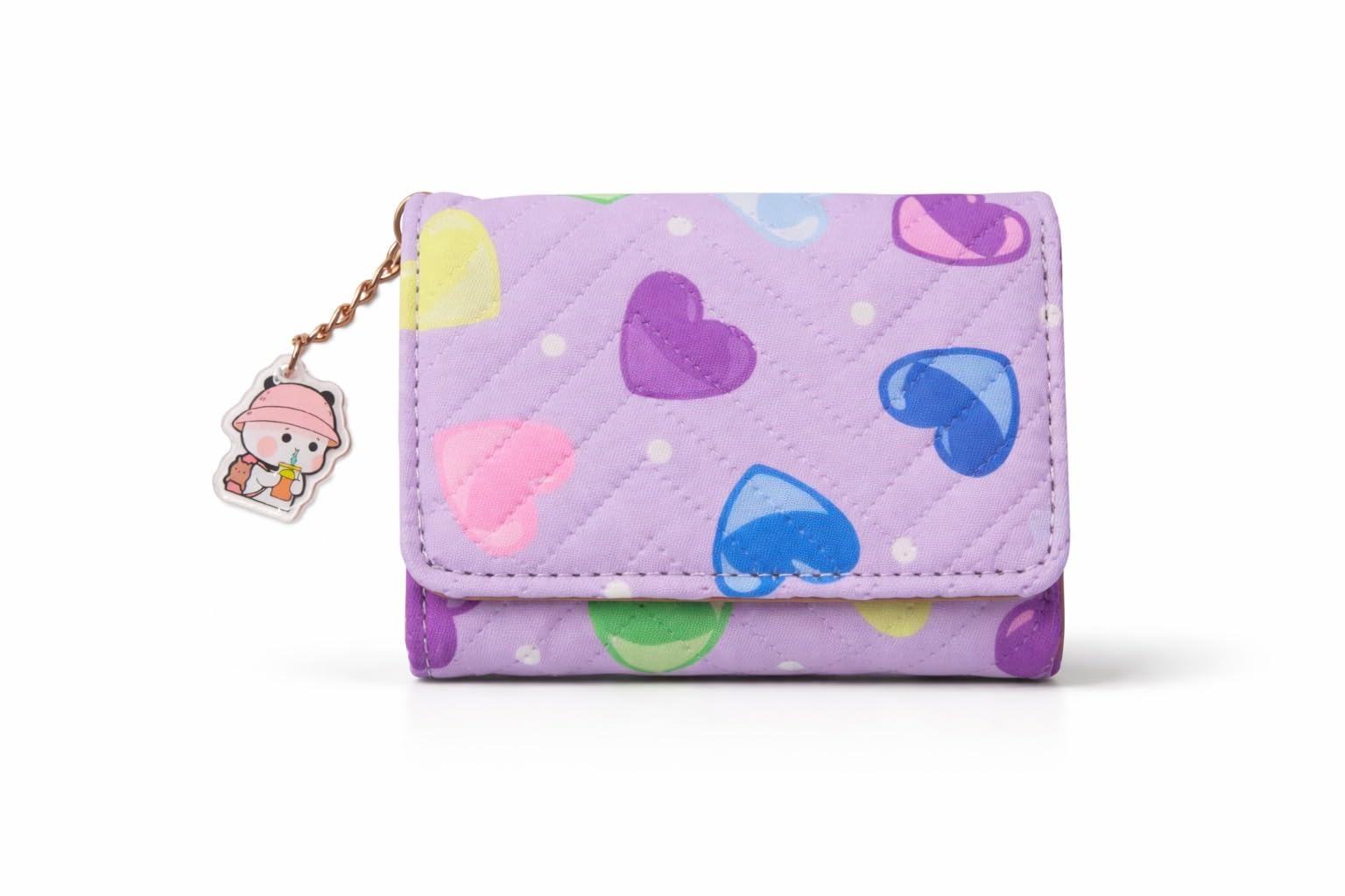 Portable Cute Heart Print Mini Wallet for Girls, Compact Folding Coin Purse with Button Closure & Keychain Charm, Small Lightweight Card Holder & Cash Pouch for Daily Use (Prple)-image-35