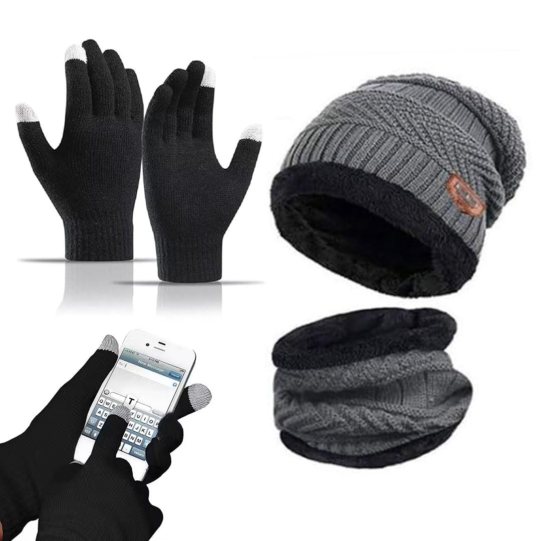 Winter Knit Beanie Cap Hat Neck Warmer Scarf and Touchscreen Woolen Gloves Set for Men & Women (Grey) pack-3-image-29