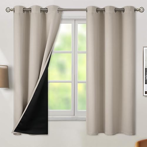 BGment Cortinas 100% opacas con aislamiento térmico para dormitorio con forro negro, doble capa, oscurecimiento de toda la habitación, reducción de