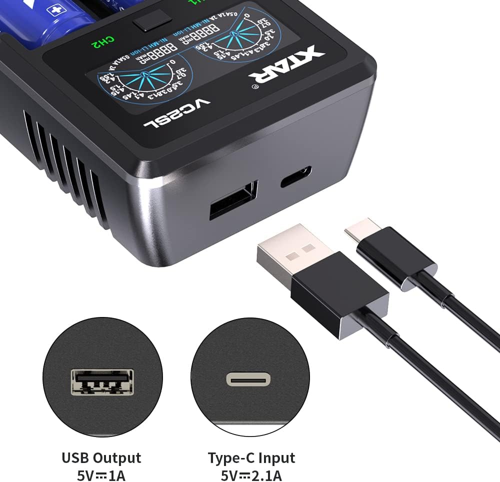 XTAR VC2SL кубаттагычынын USB-A чыгышы жана USB-C киргизүү портторун көрсөткөн капталынын жакындан сүрөтү