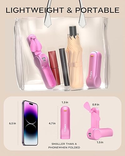 Miniatura 10 de FrSara Mini ventilador de mano recargable, pequeño ventilador de mano plegable, potencia eólica mejorada, tres velocidades de viento, batería de