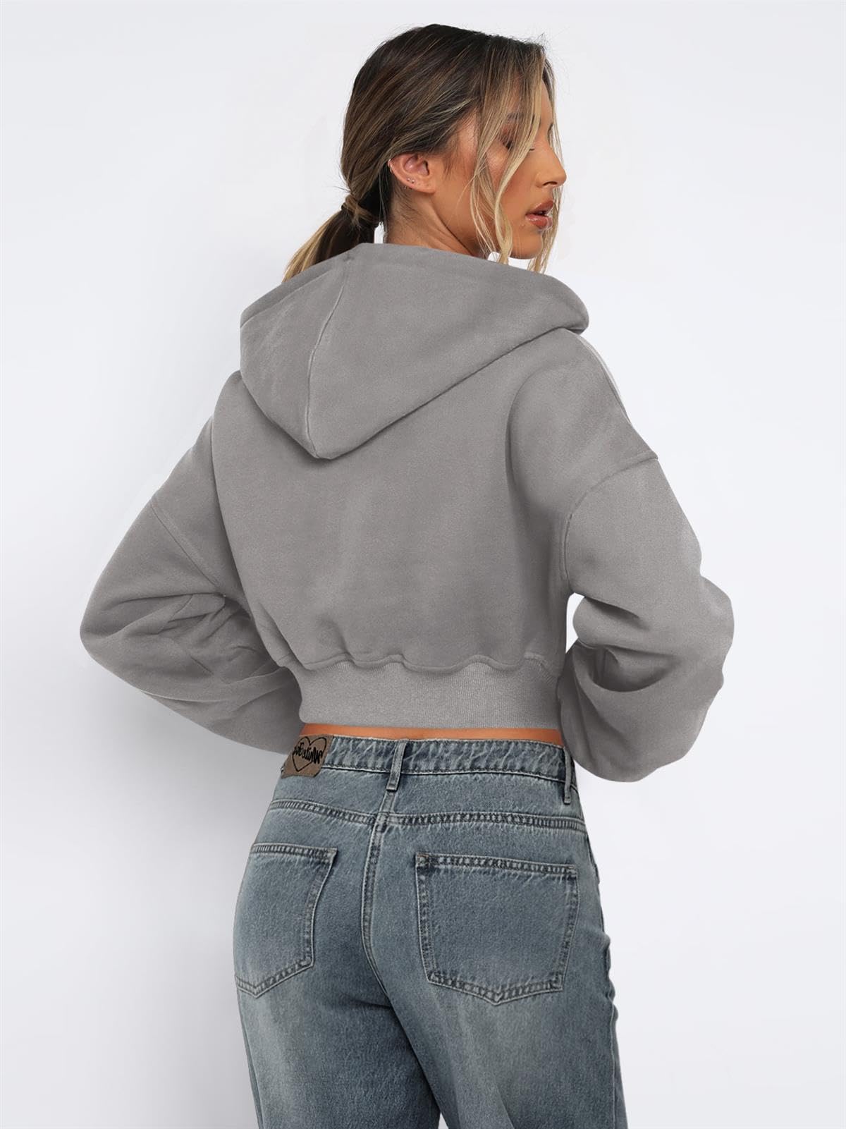 Zip Up Cropped Sudadera de Las Mujeres Manga Larga Color sólido Suelto Cuello Redondo Escotado Jersey con Capucha Chaqueta de Ropa Exterior,Flower Grey,M