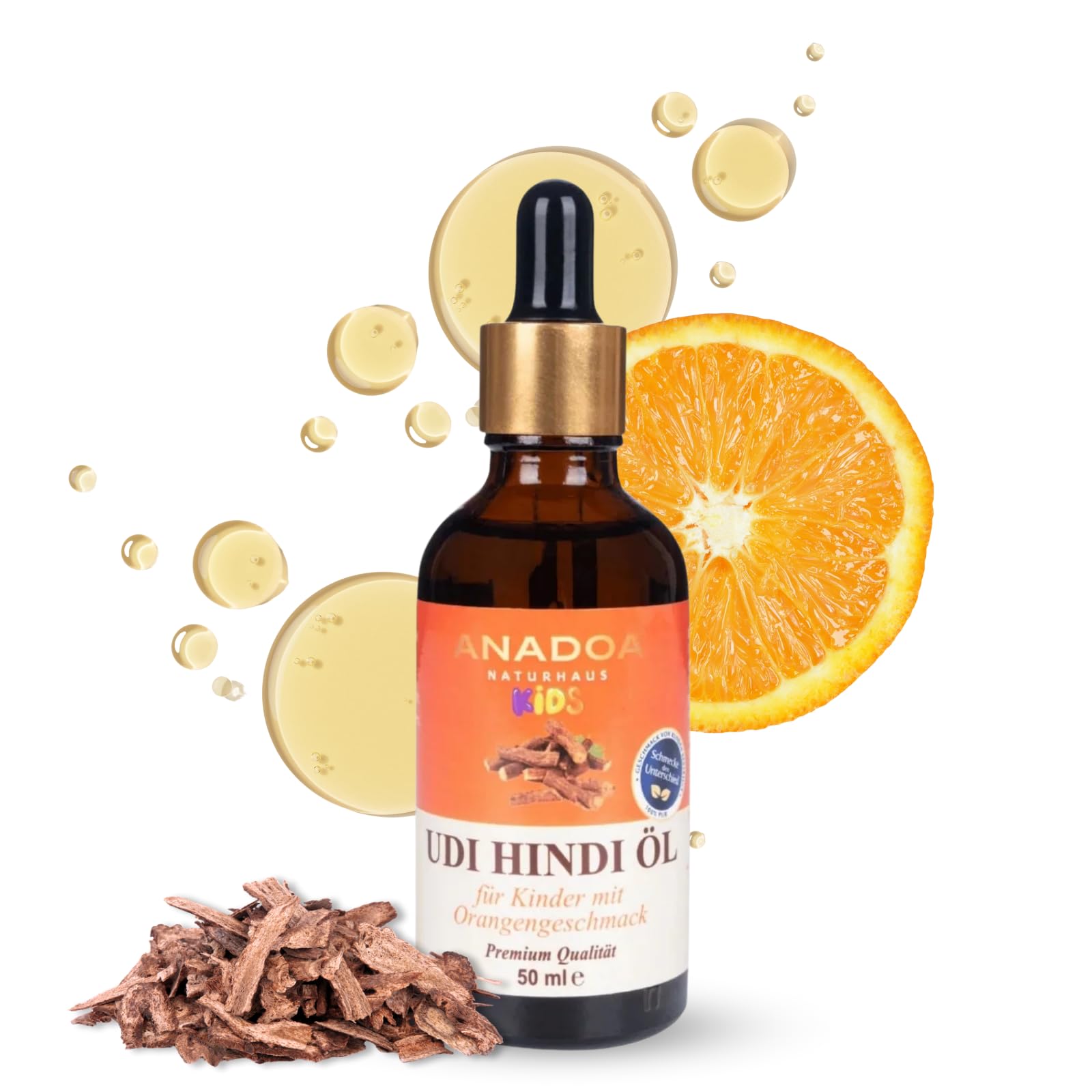 Anadoa Udi Hindi Öl für Kinder mit Orangengeschmack 50 ml | Qust al Hindi & Costusöl (Dolomiaea costus) | Kaltgepresstes Naturöl mit Olivenöl | Für sanfte Kinderpflege & Aromatherapie