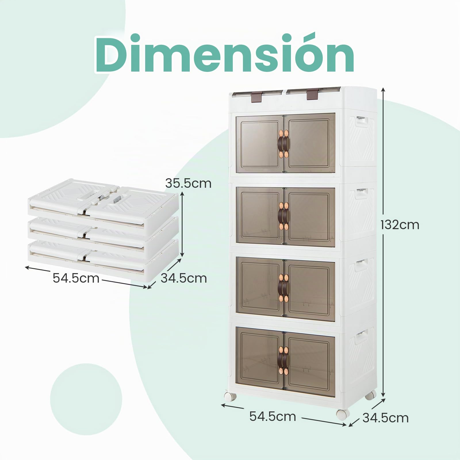 KOMFOTTEU Caja de Almacenamiento Apilable, Contenedor Plegable con Tapas y Ruedas, Caja Organizadora de Plástico Transparente, para Dormitorio, Sala de Estar, 54,5 x 34,5 x 132 cm (4 Niveles)