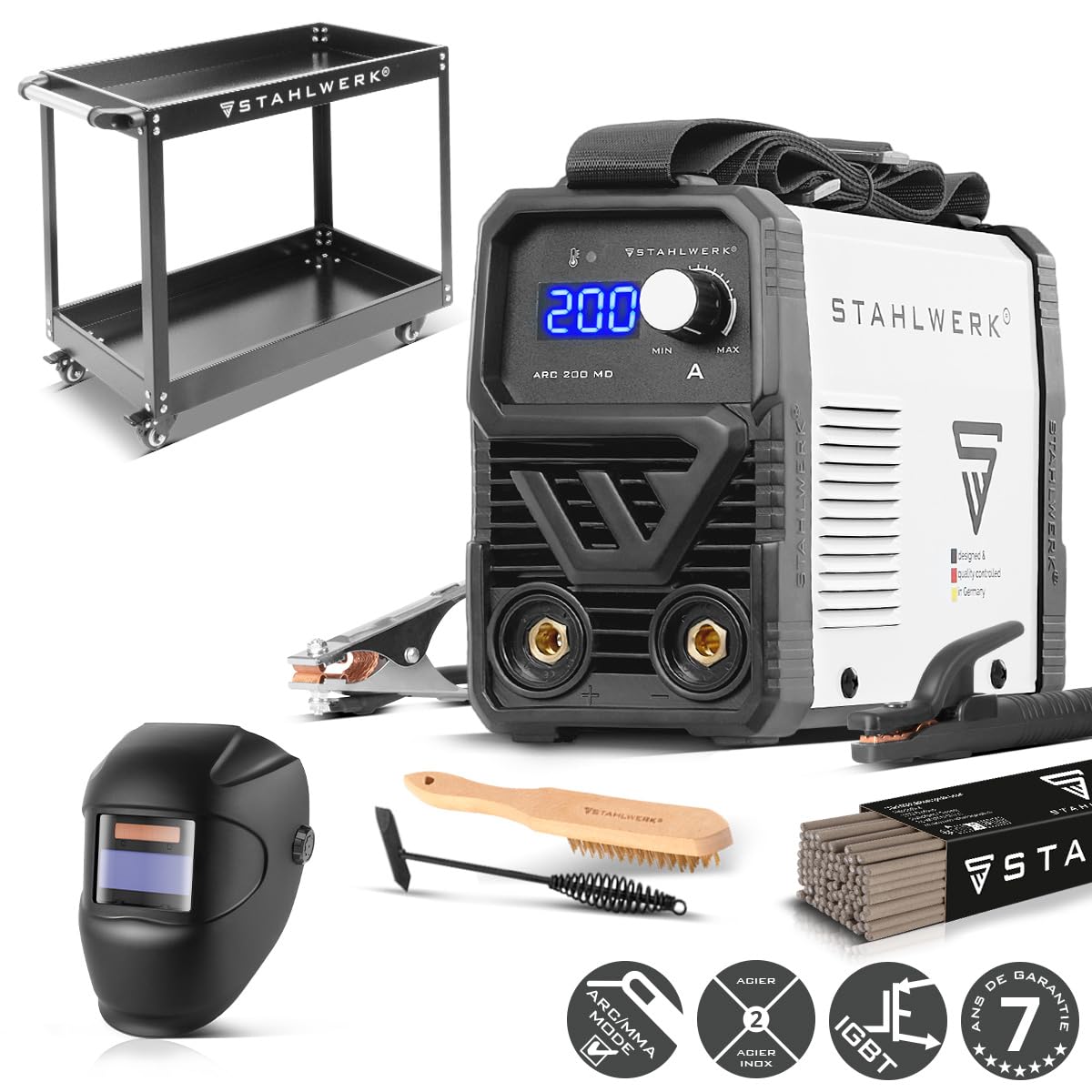 STAHLWERK Poste à souder à l'électrode ARC 200 MD – Kit complet avec chariot – MMA jusqu'à 200 A, utilisation flexible sans gaz, compact & léger, Smart Cooling, Hotstart, fonction Anti-Stick
