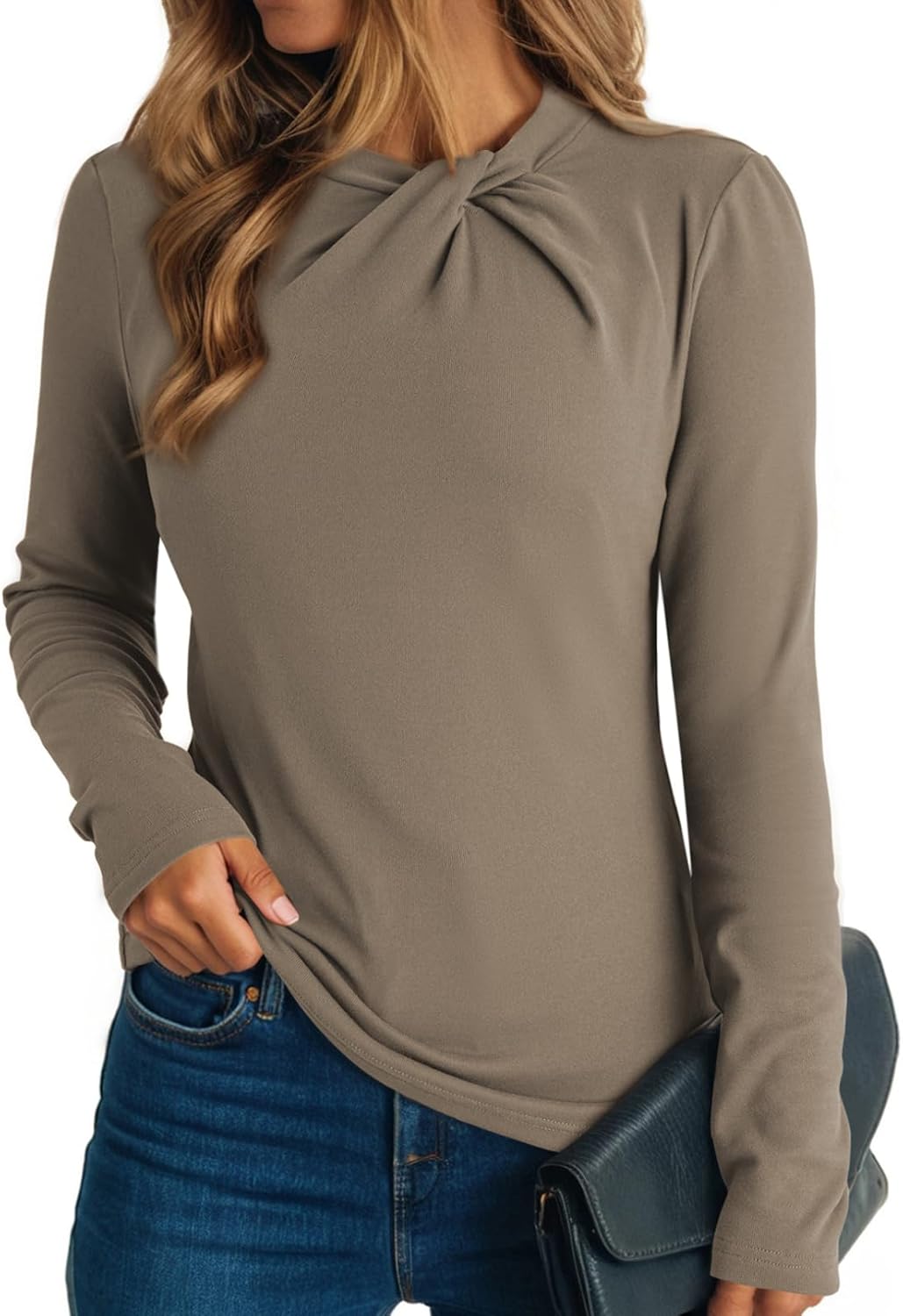 Dokotoo Womens Tops Business Casual Outfits Long Sleeve Shirts Mock Neck Twist Knot Slim Fit Soft Stretch Tees Blouses