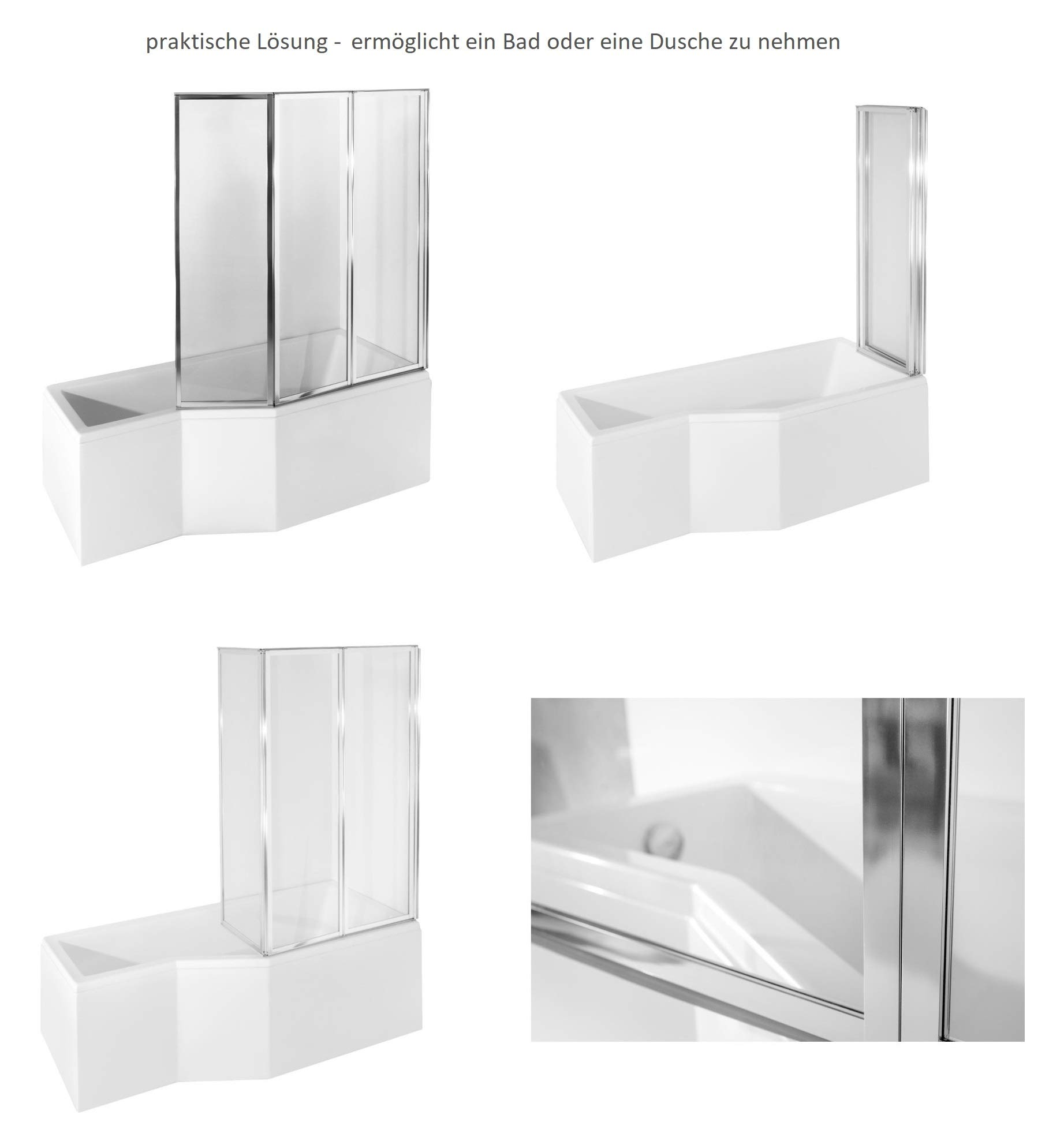 ECOLAM® Duschbadewanne Set Badewanne + Badewannenabtrennung Duschwand Eckbadewanne Integra Acryl weiß 170x75 cm RECHTS + Schürze Ablaufgarnitur Ab- und Überlauf Automatik Füße Silikon raumsparend