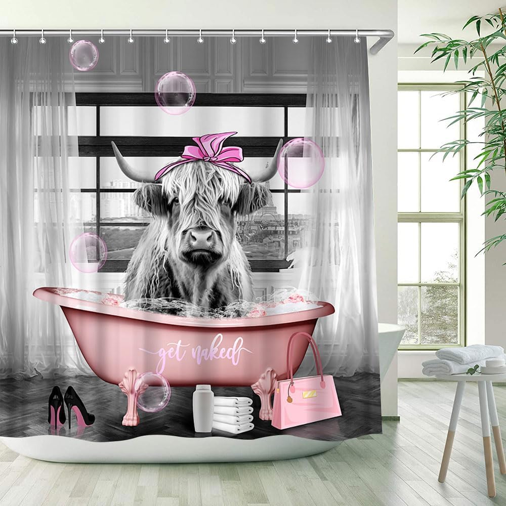 Fashion Highland Cow Shower Curtain Get Naked Pink Funny Cute Animal Bathtub Bubble High Heel Bag Farmhouse Bathroom Decor Fabric Curtains with Hook 106Wx70H Inches