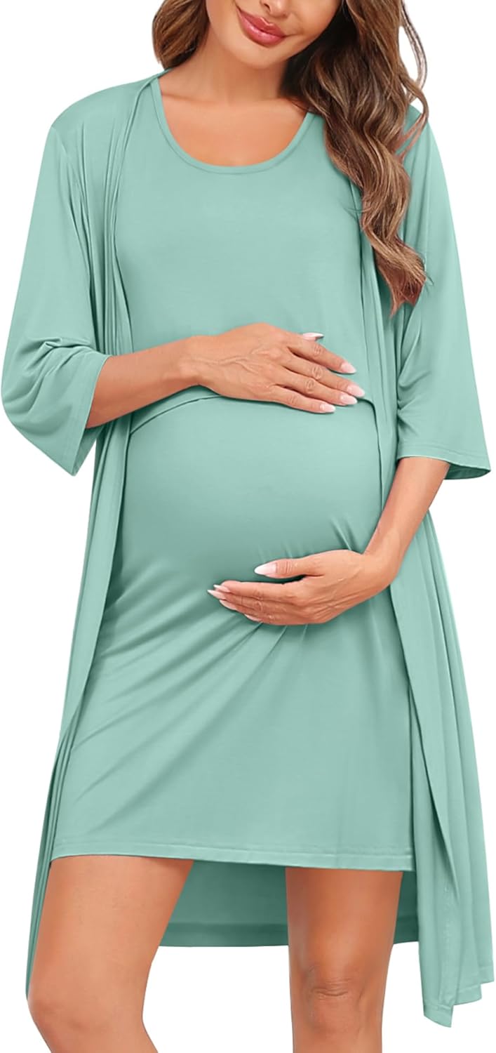 SWOMOG Women Maternity Nursing Gown and 3/4 Sleeve Robe Set Labor Delivery Nightgown Breastfeeding Hospital Bathrobe