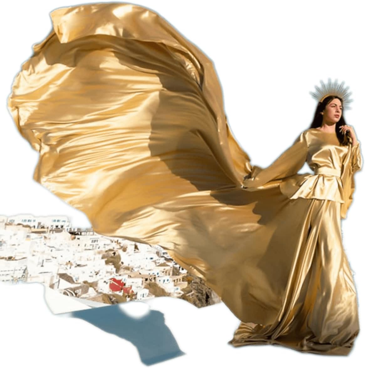 Santorini Flying Dress for Photoshoot| Satin Flying Dres | Long Train Photos Dres | Long Flying Dres |Engagement Dres for Photoshoot Gold