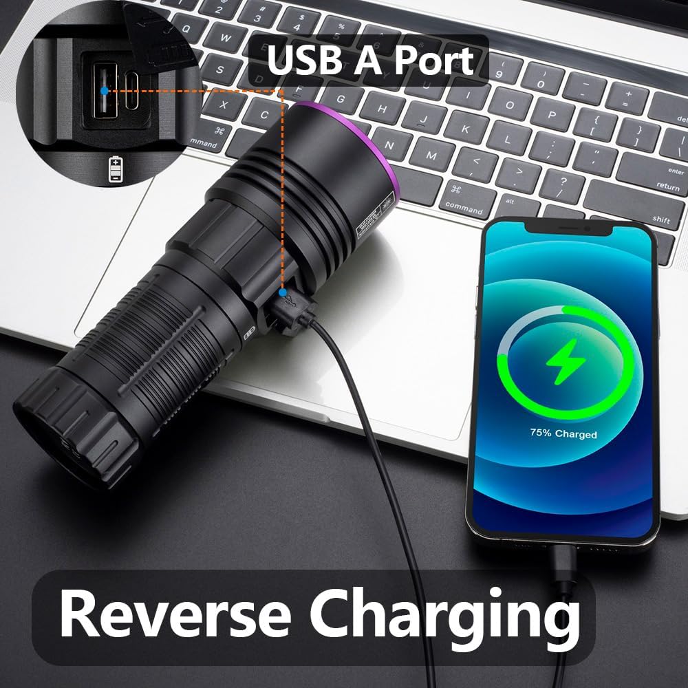 Alonefire SV119 UV LED Flashlight charging a smartphone via its USB-A port