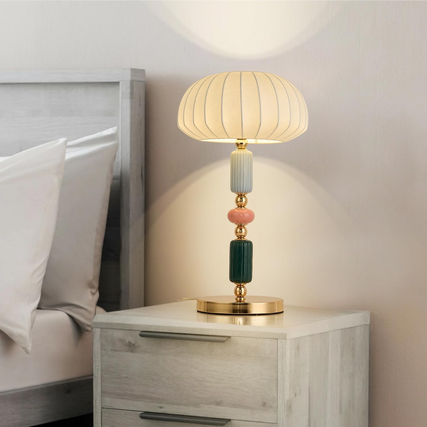 ModernSilk-Like Lampshade Table Lamp E26 Bedside Lamp with Ceramic & Metal Base, 11.81” W x 20.86” H, Small Table lamp Plug in，Modern White Ceramic lamp