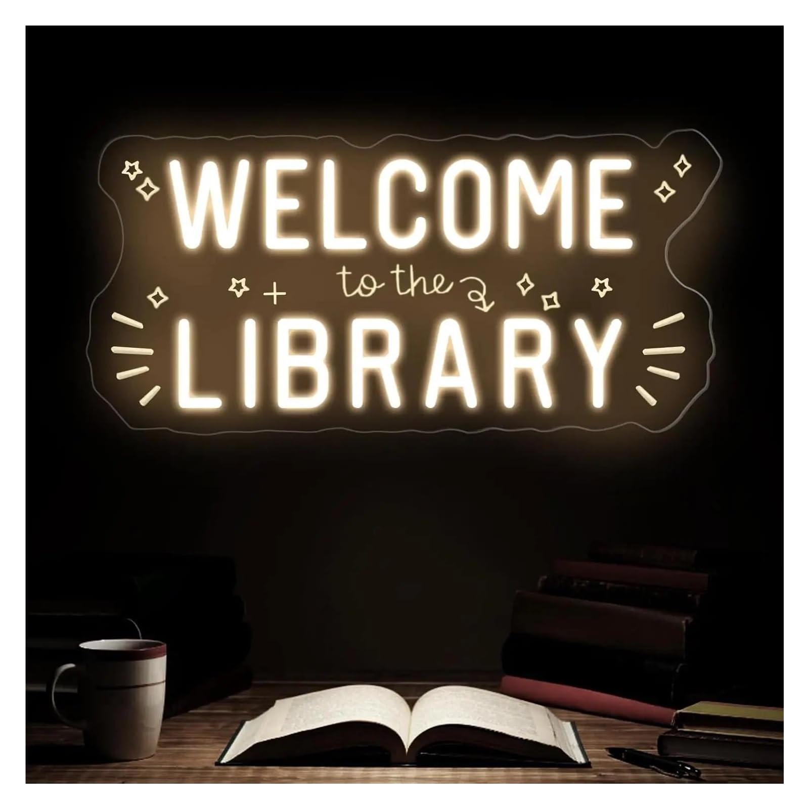 Décor Mural Lumière Enseigne Lumineuse LED Welcome To The Library À Intensité Variable Pour Salle De Classe Chambre D'enseignant Coin Lecture Fête D'ouverture 42cmx20.5cm