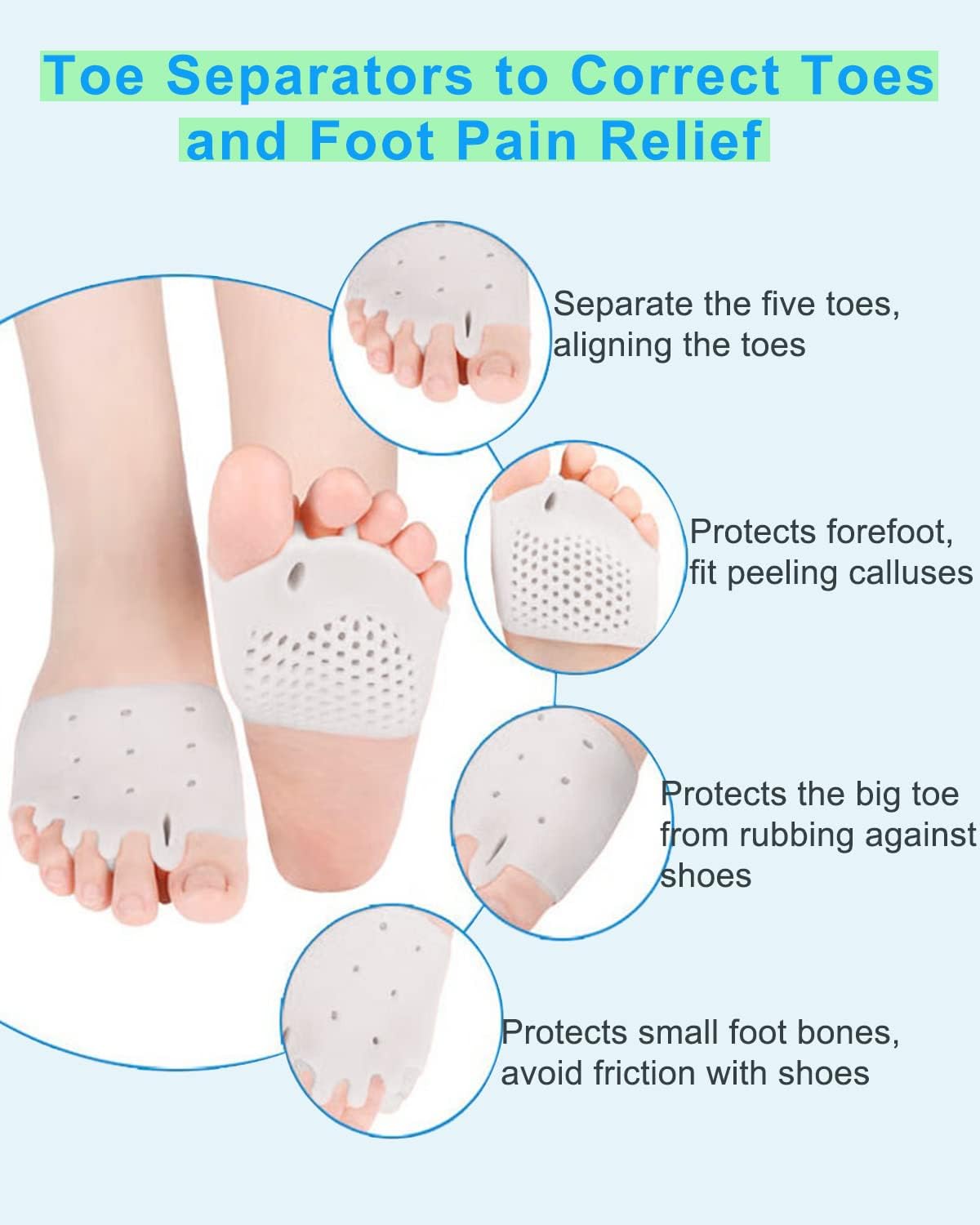 Golbylicc 4 Pairs Metatarsal Gel Pads Toe Spacers Separators to Correct Bunions, Forefoot Pads, Hammertoe Corrector Big Toe Straighteners for Women Men Foot Pain Relief