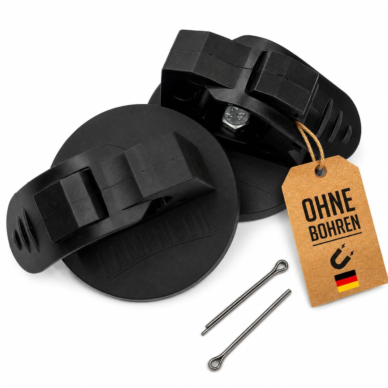 Campnetic Magnethalterungen für Schaufel, Axt, Spaten - 2er Set | Mit Splinten, Schaufelhalter, Axthalter, Magnetisch, Offroad & Camper Zubehör, 2 x 56kg gummierte Magnete