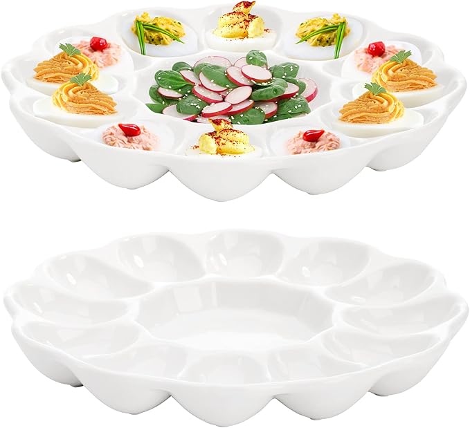 Hedume 2-Pack Ceramic Deviled Egg Platter Tray, 12-Cup Egg Dish, Refrigerator to Countertop Display, Dishwasher, Microwave, Freezer Safe