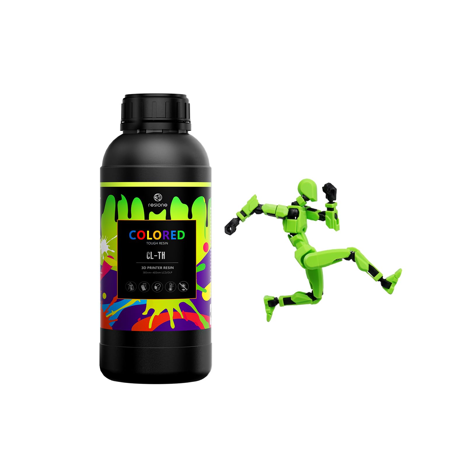 RESIONE CL-TH Colour resina impresora 3d, 10 colores, resina abs like resistente y flexible para figuras con articulaciones (Amarillo Verde Neón 1000g)
