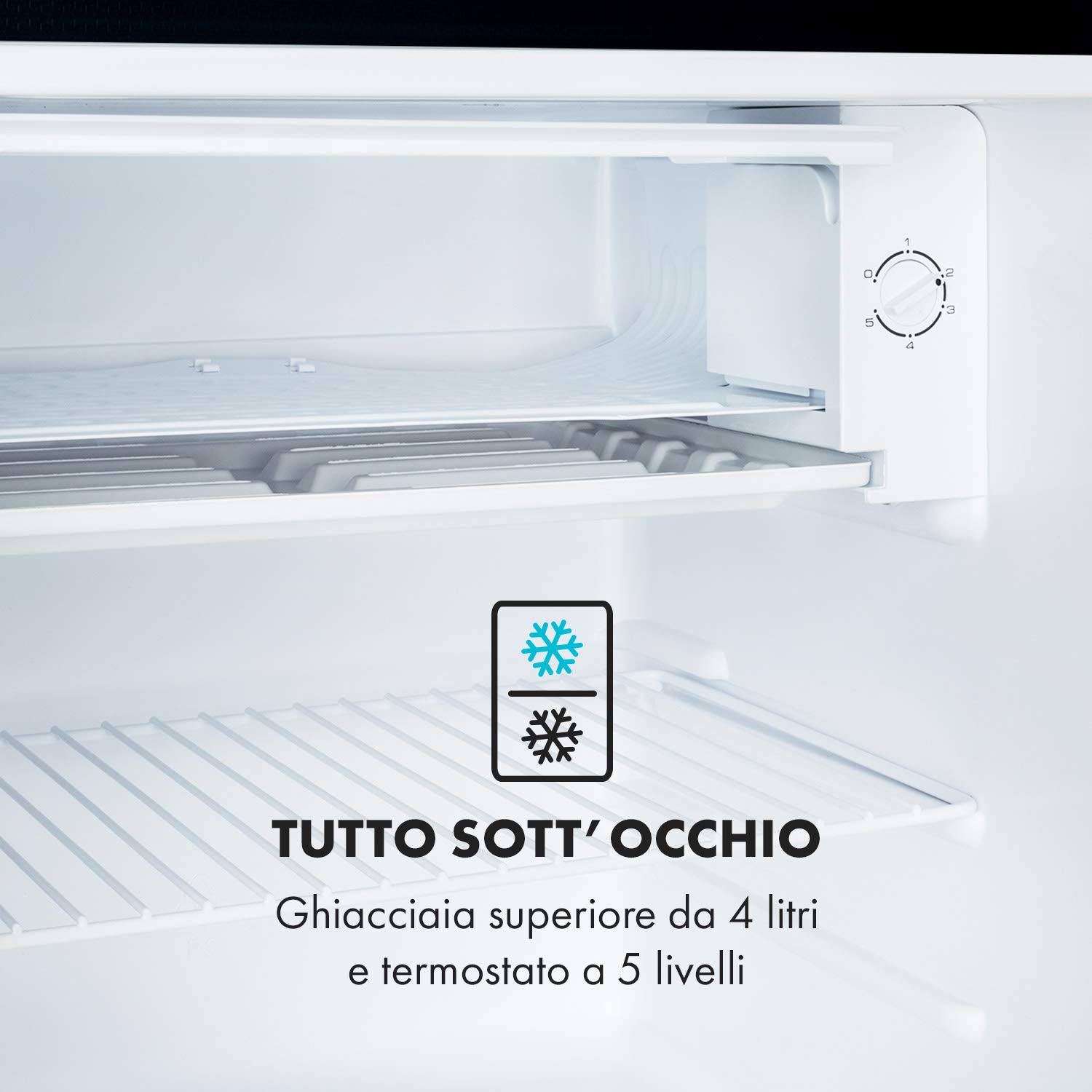 KLARSTEIN Delaware - Frigorifero, 76 Litri, Classe di Efficienza Energetica E, 2 Ripiani in Vetro Flessibile, Vano Congelatore/Freezer: 4 Litri, Vano Bottiglie Fino a 2 Litri, Nero