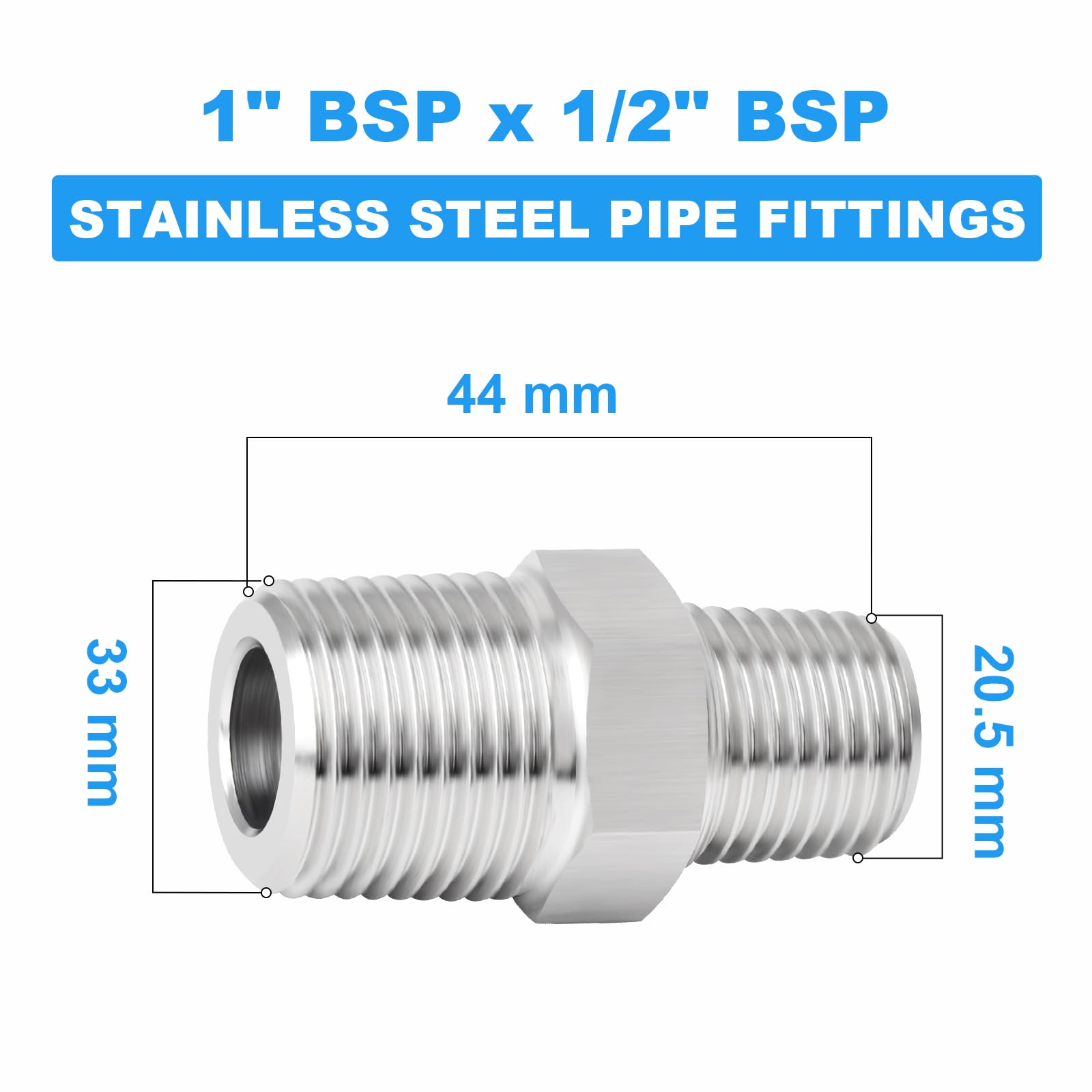 ERGAOBOY 2 Pcs Stainless Steel 304 Male Reducing Hex Nipple BSP Fitting - Image 2
