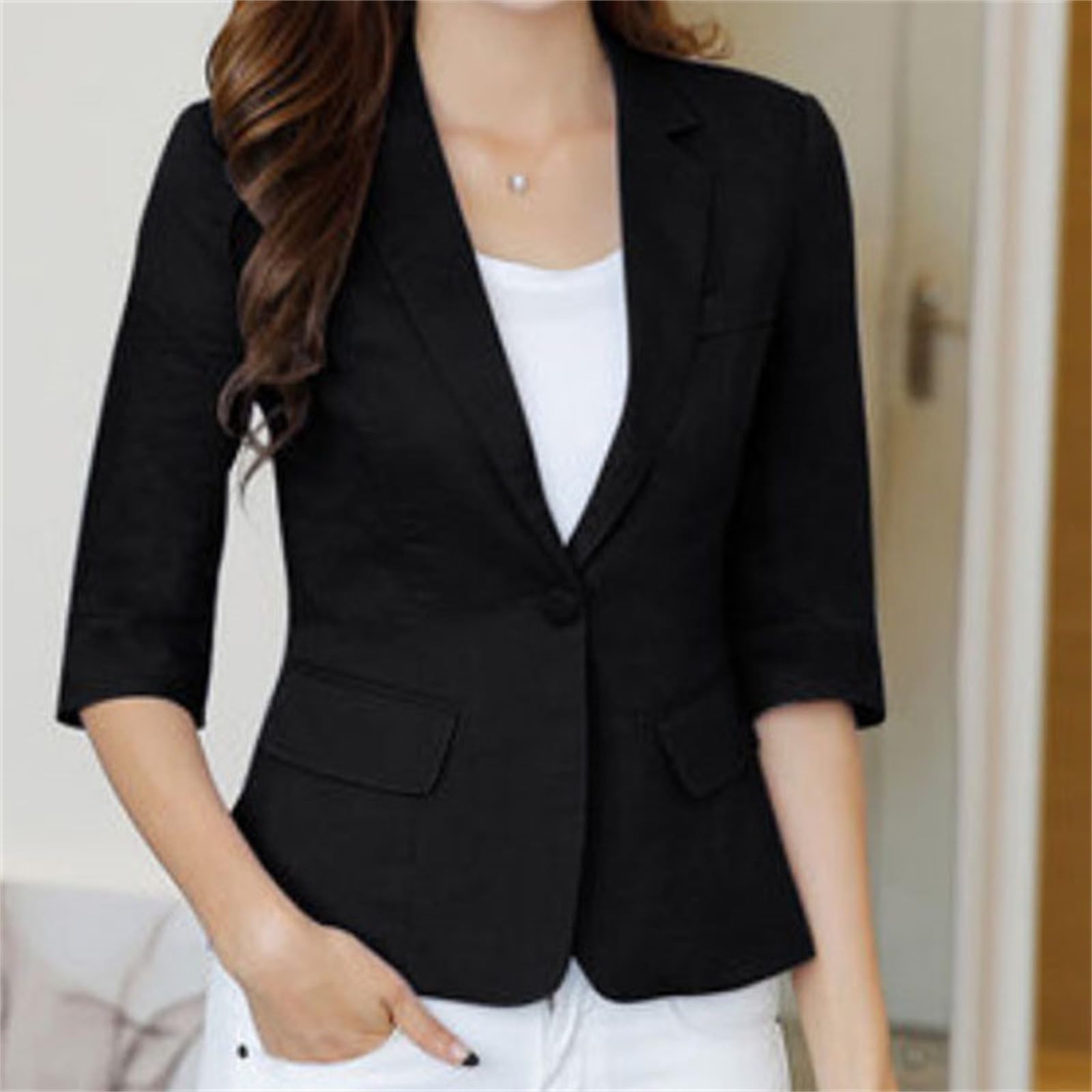 Blazer d'été pour femme - Léger - Manches courtes - En lin - Pour femme - Léger - Élégante - Courte - Manches 3/4 - Couleur unie - Avec poches