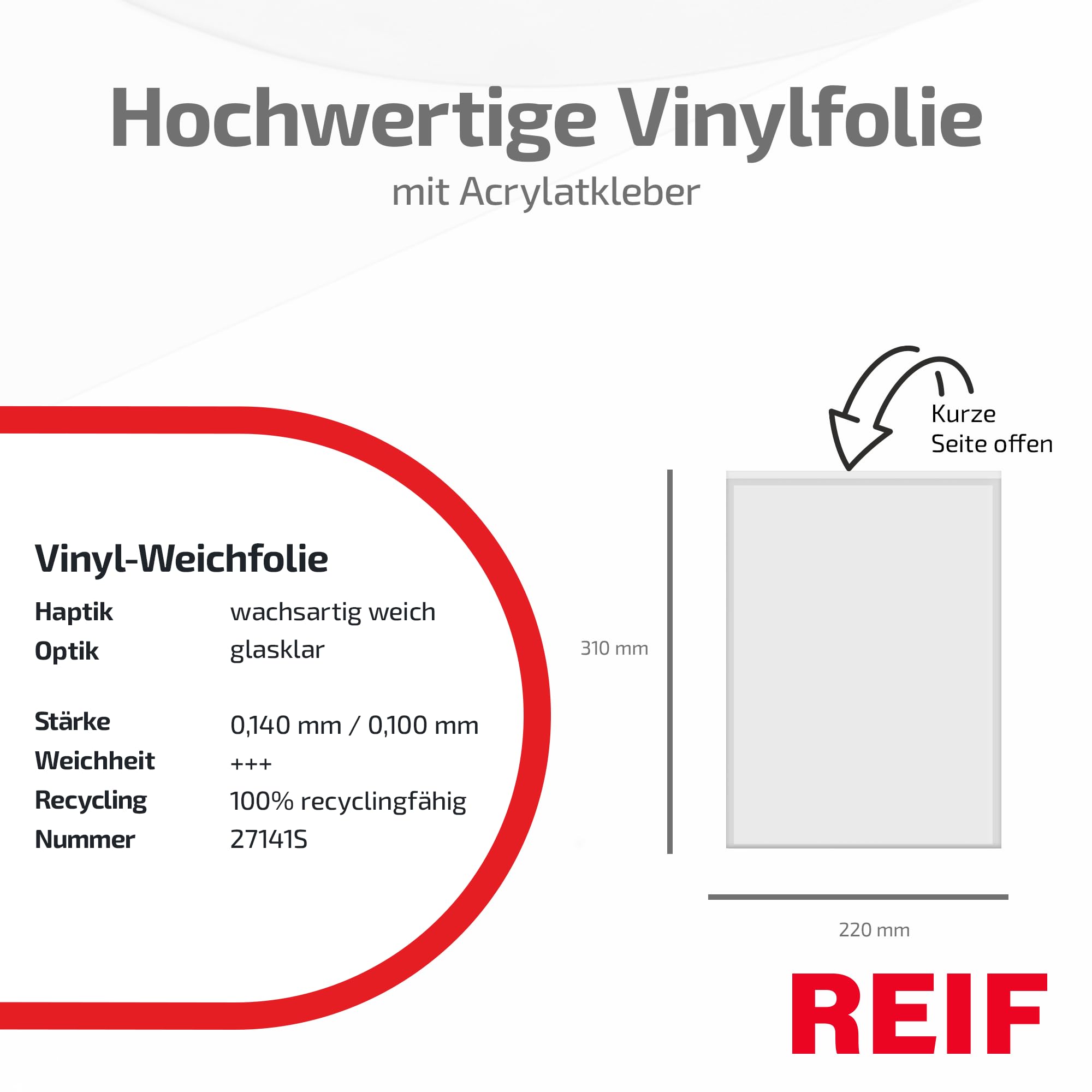 50 Stück Taschenhülle selbstklebend DIN A4 hoch, Vinyl-Weichfolie glasklar 0,140 mm, Selbstklebetaschen transparent, Made in Germany
