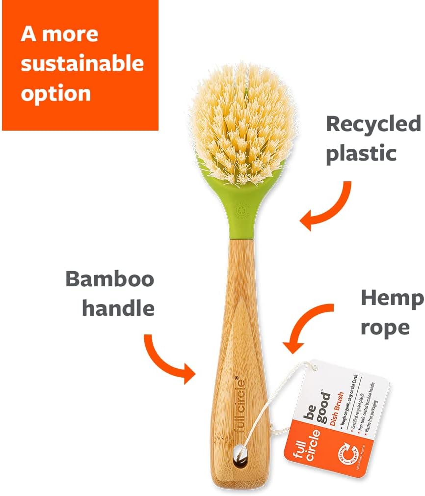 Full Circle Be Good Kitchen Dish Brush with Bamboo Handle – Long Handle Dish Scrubber with Tough Bristles, Green
