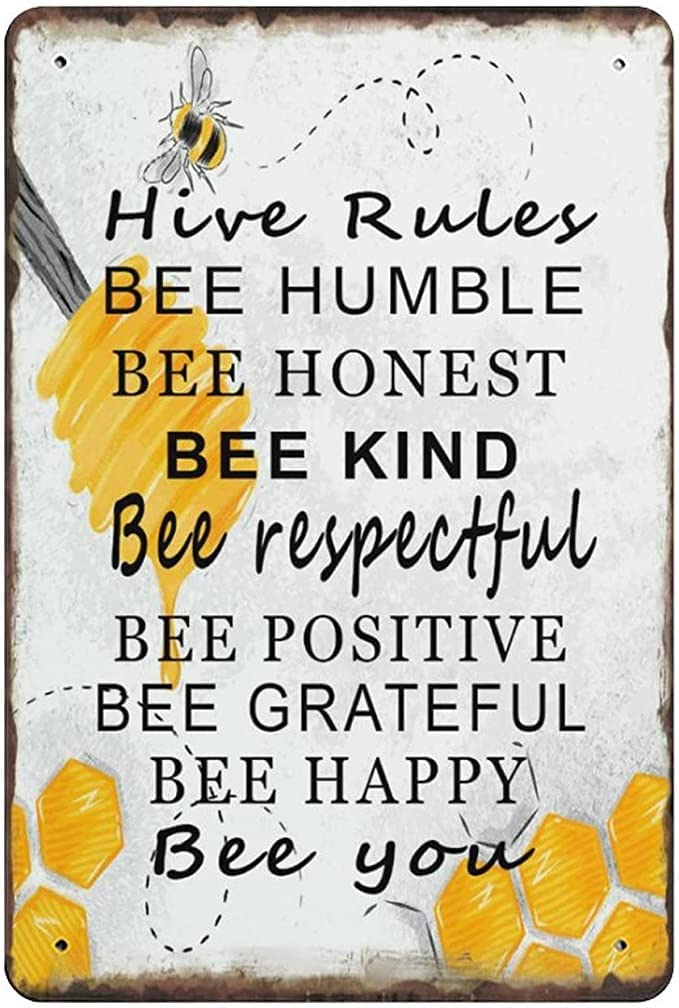 Hive Rules Honey Bee Decor Garden Decor Bee Hive Decor Metal Tin Sign Bee Art Farmhouse Garden Signs Bee Decor for Home Kitchen Decor 12x8inch