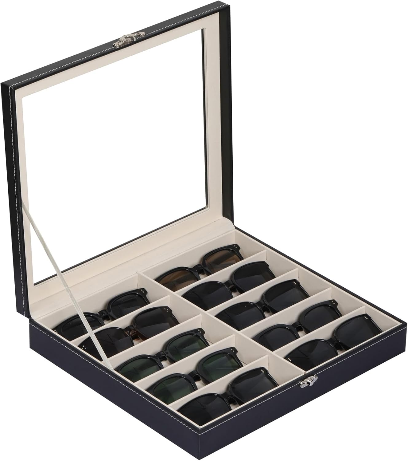 AUTOARK Large Top Glass Lid Sunglasses Organizer Case,10-Slot PU Leather Lockable Storage Box for Eyeglasses,Watch,Jewelry,Gift for Home,Black,MKAW-111