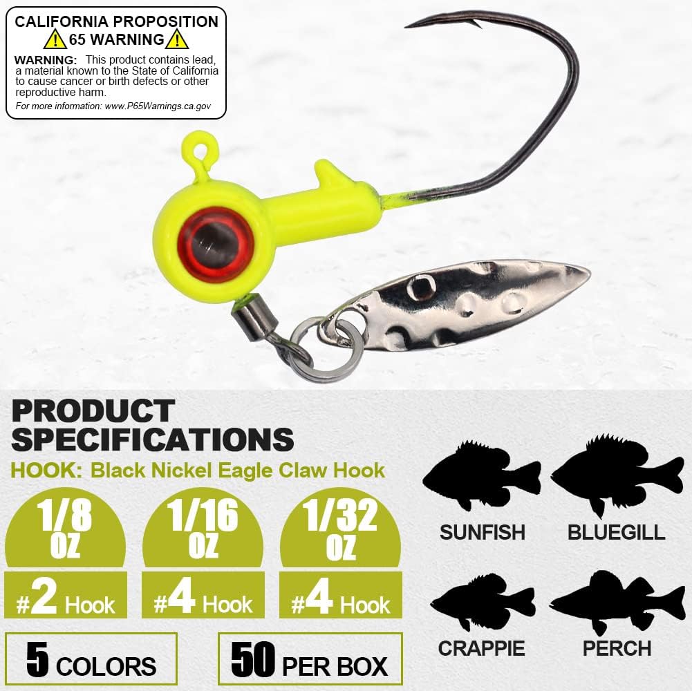 XFISHMAN Crappie-Jigs-Heads-Kit 1/8 1/16 1/32oz 50 Pack Panfish Fishing Jigs Lead Head Jig Hook Lure