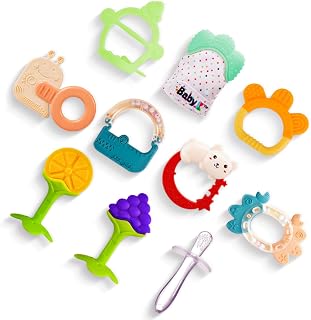 BABY K Baby Teething Toys Set 10 Pcs (Mint Green) - Teething Mittens for Babies - Freezable Teething Toys for Gum Relief - Sensory Toys for Babies with Soft Nubs - Rattles for Babies 6-12 Months