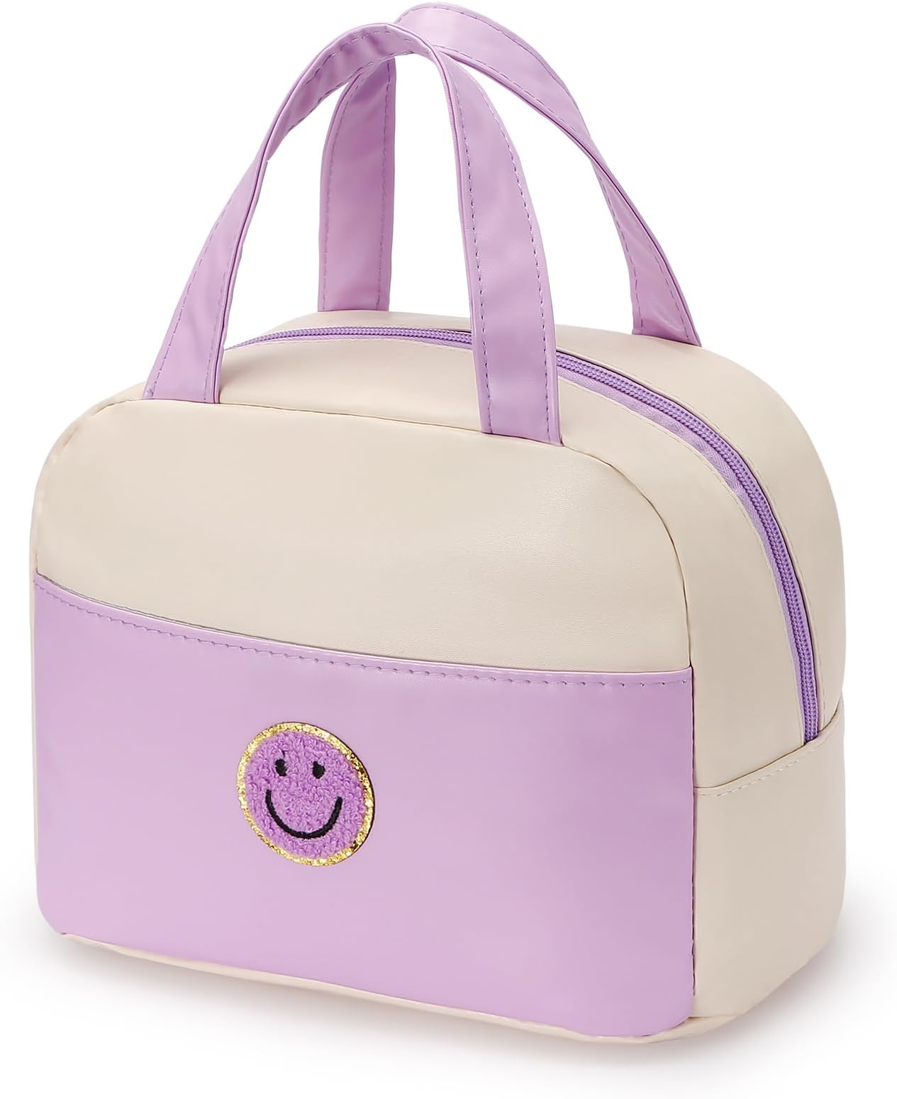 Lunch Bag Women Insulated Lunch Box Reusable Waterproof Lunch Tote Bag with Preppy Lunch Bag,Soft Leather Lunchbag for Travel Work Picnic (Purple&White)
