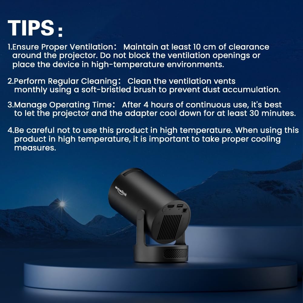 wowlink W210 Portable Projector with safety tips overlayed, including ventilation, cleaning, and operating time management.