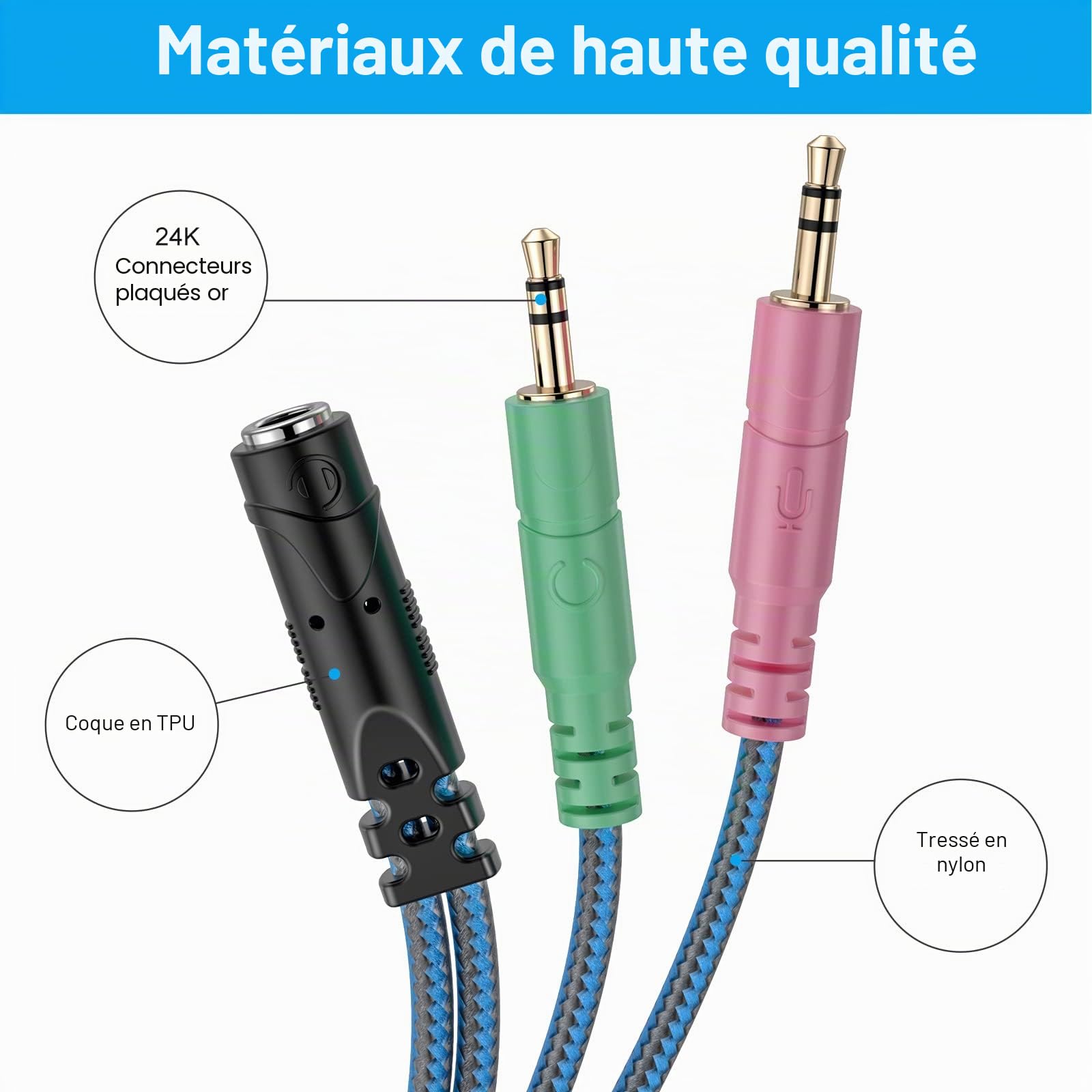 ENVEL Adaptateur Jack Micro Casque Audio Stéréo 3,5mm Splitter Femelle à 2 Double Mâle Câble Nylon tressé 22cm