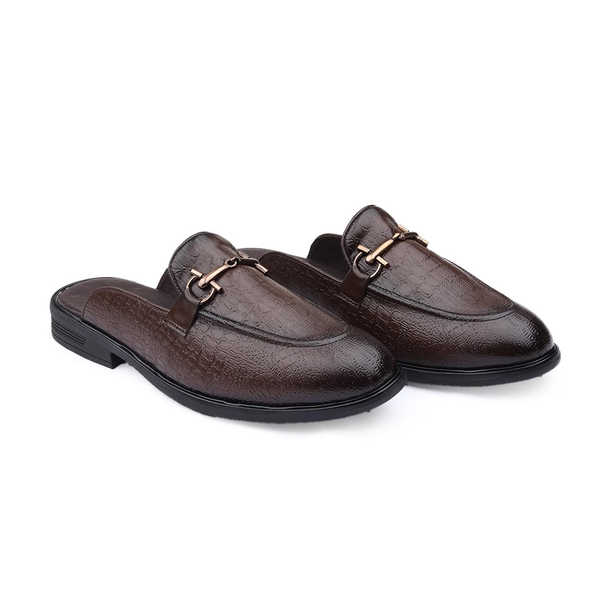 Men's Casual Formal Embossed Textured Faux Leather Mules with Buckle and Durable TPR Sole.-image-28