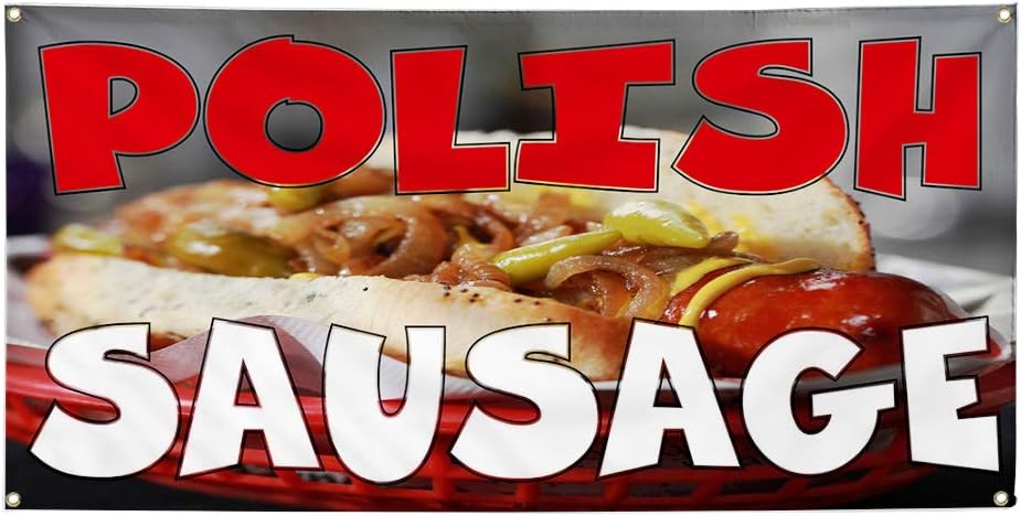 Vinyl Banner Multiple Sizes Polish Sausage Restaurant Food Bar Restaurant & Food Outdoor Weatherproof Industrial Yard Signs Red 4 Grommets 16x40Inches