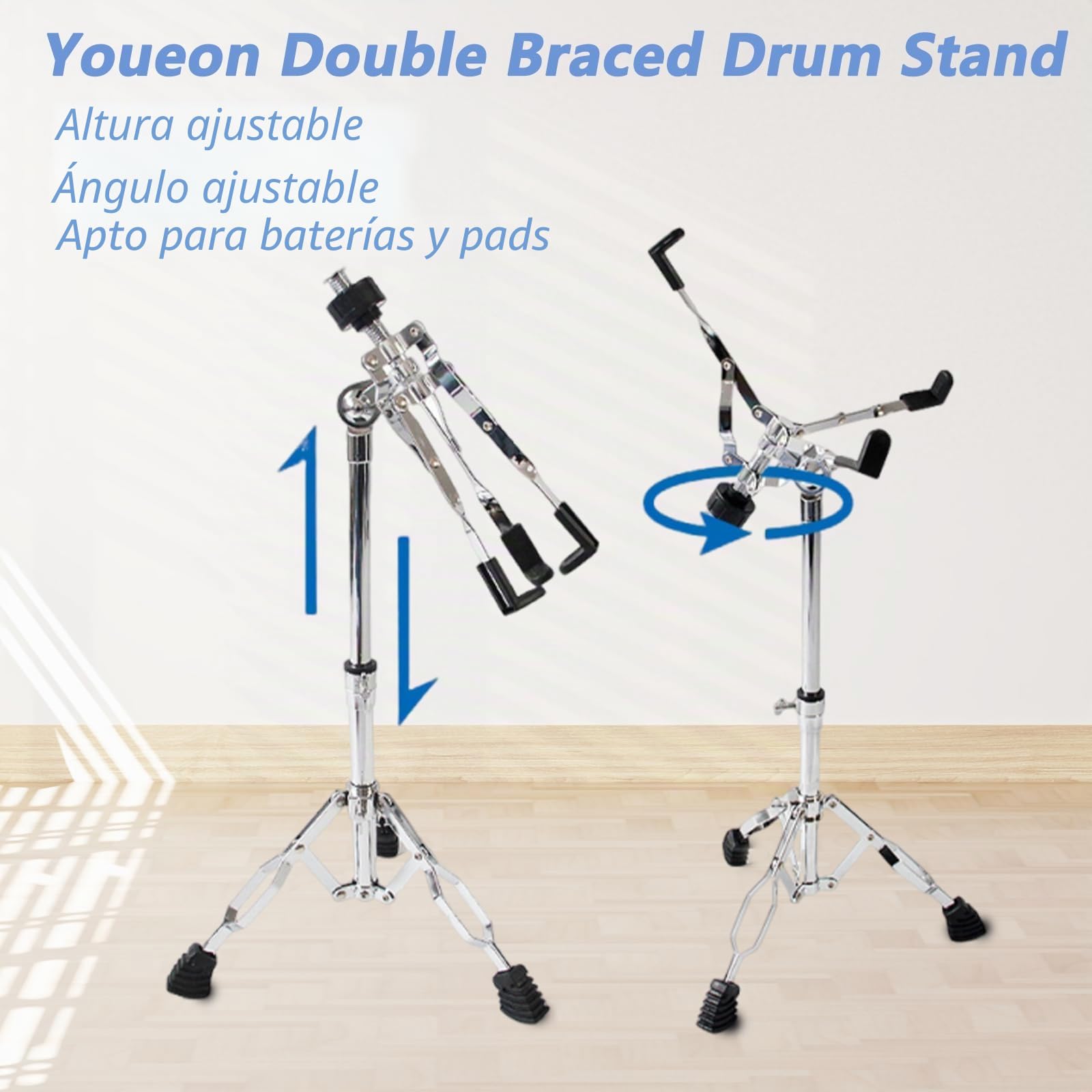 Youeon Soporte de tambor con soporte para baquetas, ligero y doble refuerzo, adecuado para cajas de 10 a 14 pulgadas, altura ajustable de 14,5 a 23 pulgadas, para principiantes