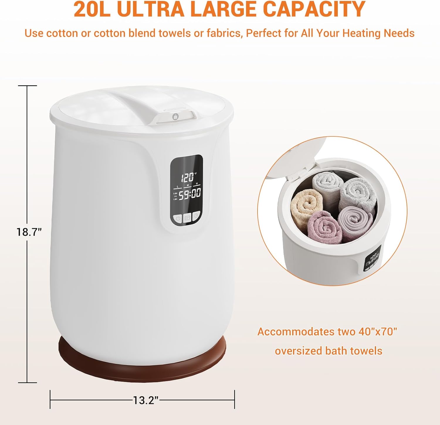 20L Tower Warmer, Large Towel Warmer Bucket with LED Display, Heated Tower Warmer with Heating Mode 30/60/90 Min and Delay Time 0.5-24H Adjustable for Bathroom, Spa
