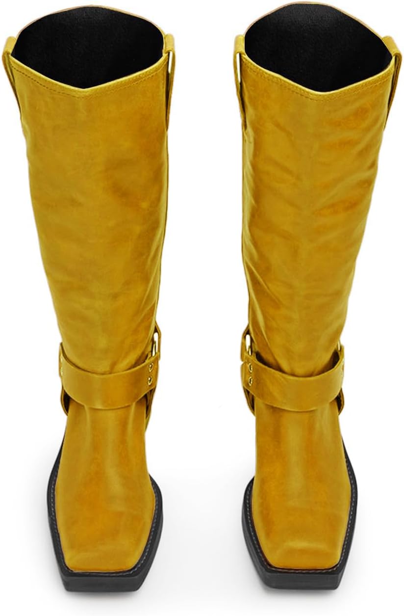 FIFSY Knee High Boots for Women Chunky Heel Buckle Boots Square Toe Pull On Motorcycle Biker Riding Boots Low Heel Tall Booties - Image 5