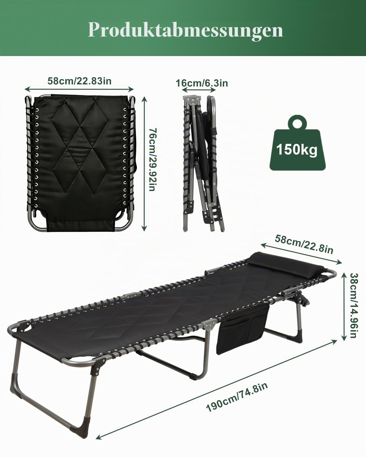 Sonnenliege Klappbar, Gartenliege mit 5-Fach Verstellbarer Rückenlehne, Strandliege Faltbar Bis 150kg, Liegestuhl mit Kopfkissen & Seitentasche, Campingliege, für Garten, Strand, Outdoor (Schwarz)
