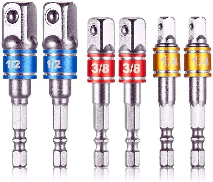 6-Pieces Color Hex Shank Sleeve Luo Vanadium Stee Impact Socket Squaresteel Ball Nut Driver Bit 1/4" 3/8" 1/2 Drill Attachment Drill Bit