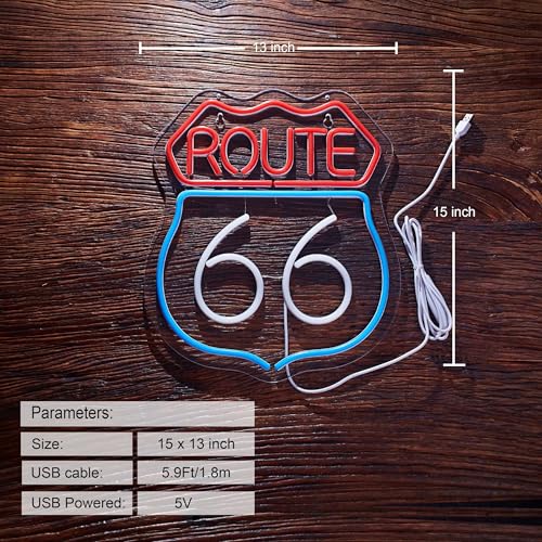 Image of Historic Route 66 Neon Sign for Wall Decor Dimmable Route 66 LED Neon Light Sign Decor