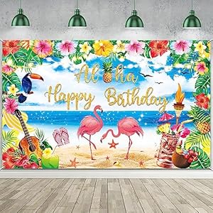 Luau Birthday Party Decorations Supplies, Summer Hawaiian Birthday Backdrop for Tropical Flamingo Pool Beach Party Decoration, Aloha Party Banner with Palm Pineapple Hibiscus Tiki Ukulele Watercolor