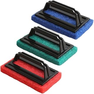 3Pcs Hand-Held Pool Scrub Brush, Swimming Pool Brush, Bathroom Scouring Pad, Surface Cleaning Scrubber for Shower Tile, Pool Tile, Bathroom Tub, Spas, Kitchen (Red, Blue, Green)