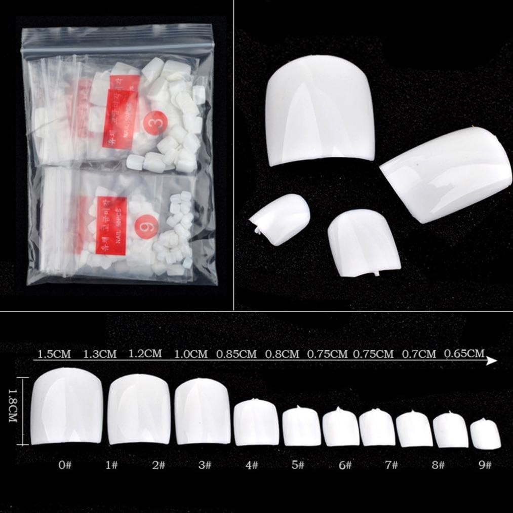 DZT1968® 500 Pcs 10 sizes long lasting Fake Artificial Nails Sticker Natural Acrylic False Toe Nails Tips (White)