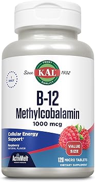 KAL Vitamin B12 Methylcobalamin 1000mcg, Healthy Energy, Metabolism, Nerve and Red Blood Cell Support, Fast Dissolve ActivMelt, High Absorption, Vegetarian, Natural Raspberry, 120 Serv, 120 Micro Tabs