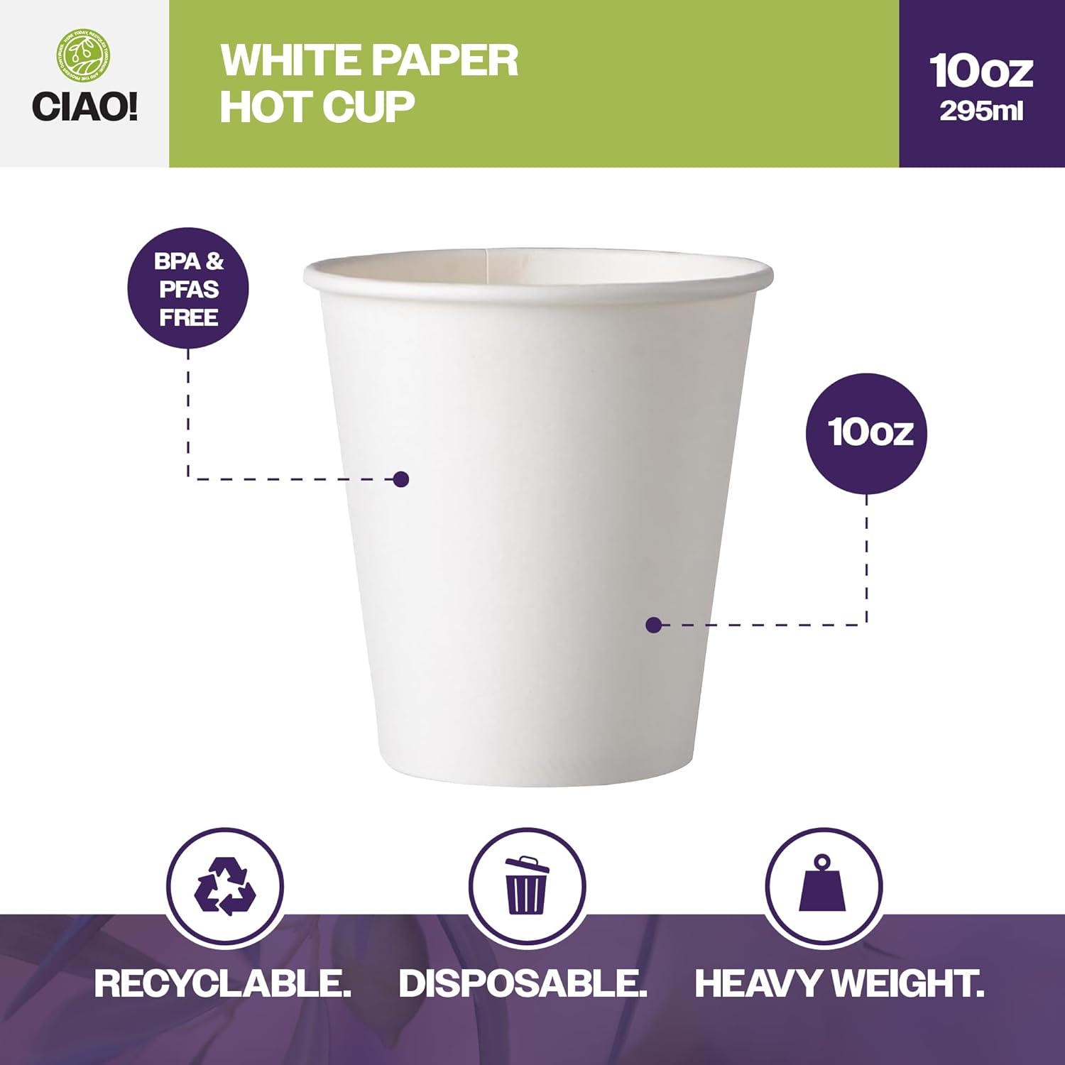 CIAO! 10oz White Paper Hot Cup, Disposable, 90mm Diameter 1,000 Count