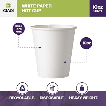 CIAO! 10oz White Paper Hot Cup, Disposable, 90mm Diameter 1,000 Count