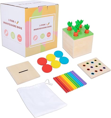 Miniatura 1 de Juguetes Montessori de madera para regalos de bebés de 1, 2, 3 años, caja de kit de juego incluye juegos de cosecha de zanahoria, caja de monedas